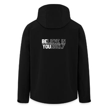 Motivierende Textgestaltung für mehr Selbstvertrauen - Recycelte Männer Softshell-Jacke von Stanley/Stella - Schwarz - Hinten - AI Model Male 185 light (185cm)