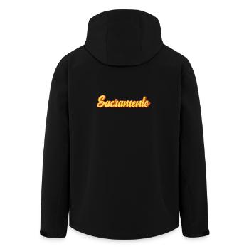 Sacramento Retro Schriftzug Gelb Rot - Recycelte Männer Softshell-Jacke von Stanley/Stella - Schwarz - Hinten - AI Model Male 185 light (185cm)