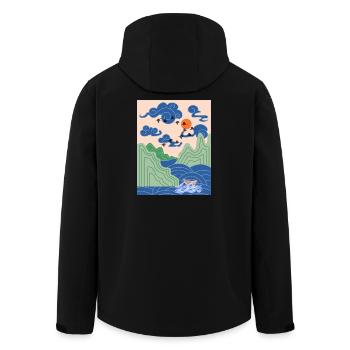 Korean Art Design with Cranes & Origami Boat - Men’s Recycled Softshell Jacket by Stanley/Stella - black - Back - AI Model Male 185 light (185cm)