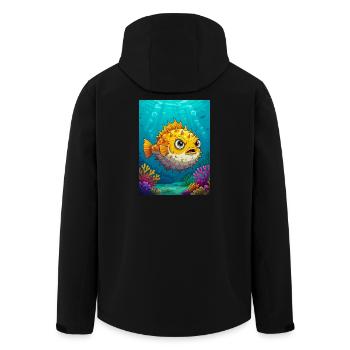 Poisson-globe de style bande dessinée, corps rond et hérissé - Veste softshell homme en polyester recyclé Stanley/Stella - noir - Dos - AI Model Male 185 light (185cm)