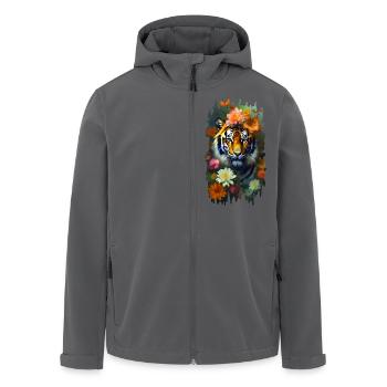 Tiger among flowers 🌸💛 - Men’s Recycled Softshell Jacket by Stanley/Stella - black - Front - AI Model Male 185 light (185cm)