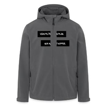 Kaffee first. Pläne später. Mama immer. Unixes - Recycelte Männer Softshell-Jacke von Stanley/Stella - Schwarz - Vorne - AI Model Male 185 light (185cm)