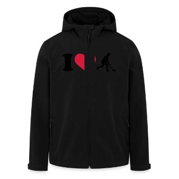 I love Floorball - Men’s Recycled Softshell Jacket by Stanley/Stella - black - Front - AI Model Male 185 light (185cm)