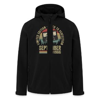 Born in September 1960 Vintage 1960 - Men’s Recycled Softshell Jacket by Stanley/Stella - black - Front - AI Model Male 185 light (185cm)