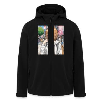 Anime-Figur auf der Straße der Stadt - Recycelte Männer Softshell-Jacke von Stanley/Stella - Schwarz - Vorne - AI Model Male 185 light (185cm)