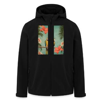 Zwei Papageien auf einem Ast mit Hibiskusblüten - Recycelte Männer Softshell-Jacke von Stanley/Stella - Schwarz - Vorne - AI Model Male 185 light (185cm)