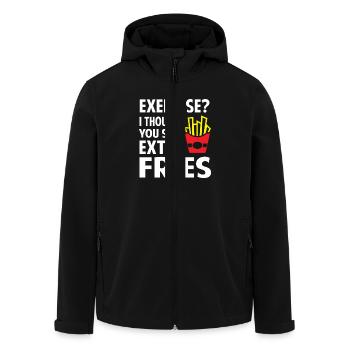 Exercise? I thought you said extra Fries - Recycelte Männer Softshell-Jacke von Stanley/Stella - Schwarz - Vorne - AI Model Male 185 light (185cm)