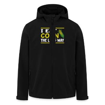 I Eat Corn The Long Way - Funny - Men’s Recycled Softshell Jacket by Stanley/Stella - black - Front - AI Model Male 185 light (185cm)
