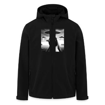 Emperor penguin Funny Graphic Selfie with UFOs Wei - Men’s Recycled Softshell Jacket by Stanley/Stella - black - Front - AI Model Male 185 light (185cm)