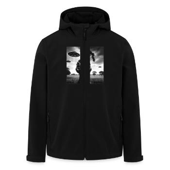 Peacock Funny Graphic Selfie with UFOs Weird Alien - Men’s Recycled Softshell Jacket by Stanley/Stella - black - Front - AI Model Male 185 light (185cm)