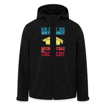 Ehemann HABE DIE DOKTORARBEIT MEINER FRAU ÜBERLEBT - Recycelte Männer Softshell-Jacke von Stanley/Stella - Schwarz - Vorne - AI Model Male 185 light (185cm)
