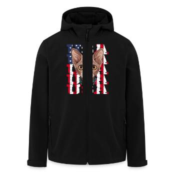 USA Sphynx Cat in Front of Flag - Men’s Recycled Softshell Jacket by Stanley/Stella - black - Front - AI Model Male 185 light (185cm)