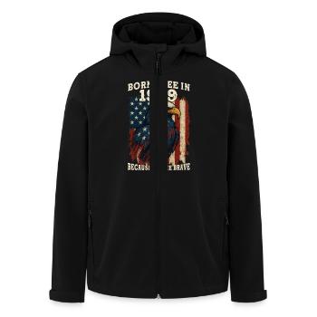 Né libre en 1959 – 66 ans Libre à cause de - Veste softshell homme en polyester recyclé Stanley/Stella - noir - Devant - AI Model Male 185 light (185cm)