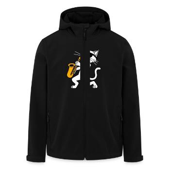 Lustige Katze mit Sonnebrille und Saxophon - Recycelte Männer Softshell-Jacke von Stanley/Stella - Schwarz - Vorne - AI Model Male 185 light (185cm)