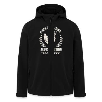Chickens Holding Jesus Praising Cowboy Humor - Men’s Recycled Softshell Jacket by Stanley/Stella - black - Front - AI Model Male 185 light (185cm)