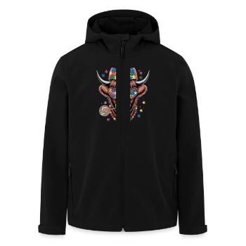 Farbenfrohes Puzzle Kuh-Motiv mit Herzbrille und - Recycelte Männer Softshell-Jacke von Stanley/Stella - Schwarz - Vorne - AI Model Male 185 light (185cm)