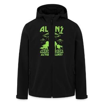 Außerirdische sind hier für Actionfiguren UFO City - Recycelte Männer Softshell-Jacke von Stanley/Stella - Schwarz - Vorne - AI Model Male 185 light (185cm)