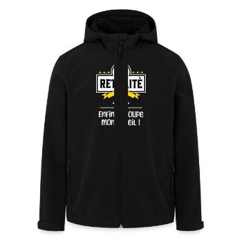 Humor Retreat - Men’s Recycled Softshell Jacket by Stanley/Stella - black - Front - AI Model Male 185 light (185cm)