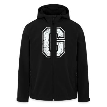 Letter G in white in the used look - Men’s Recycled Softshell Jacket by Stanley/Stella - black - Front - AI Model Male 185 light (185cm)