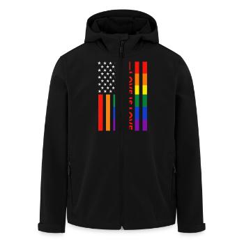 Patriotische Regenbogenflagge "Love Is Love" - Recycelte Männer Softshell-Jacke von Stanley/Stella - Schwarz - Vorne - AI Model Male 185 light (185cm)