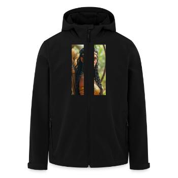 Neith, gepanzerte Kriegergöttin, hält einen Bogen in der Hand - Recycelte Männer Softshell-Jacke von Stanley/Stella - Schwarz - Vorne - AI Model Male 185 light (185cm)