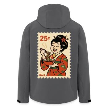 Geisha im Kimono mit Nudel Schüssel auf Briefmarke - Recycelte Männer Softshell-Jacke von Stanley/Stella - Anthrazit - Hinten - AI Model Male 185 light (185cm)