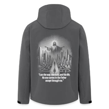 Futuristisches Stadtbild mit inspirierendem Zitat - Recycelte Männer Softshell-Jacke von Stanley/Stella - Anthrazit - Hinten - AI Model Male 185 light (185cm)