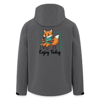 Fox on bench with hoodie coffee - Men’s Recycled Softshell Jacket by Stanley/Stella - anthracite - Back - AI Model Male 185 light (185cm)