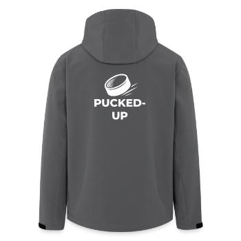 PUcked up_white_logo - Men’s Recycled Softshell Jacket by Stanley/Stella - anthracite - Back - AI Model Male 185 light (185cm)