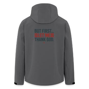 But First Thank God - Men’s Recycled Softshell Jacket by Stanley/Stella - anthracite - Back - AI Model Male 185 light (185cm)