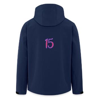15. 15 JAHRE. 15-JÄHRIGES JUBILÄUM. 15-JÄHRIGES JUBILÄUM. - Recycelte Männer Softshell-Jacke von Stanley/Stella - Navy - Hinten - AI Model Male 185 light (185cm)
