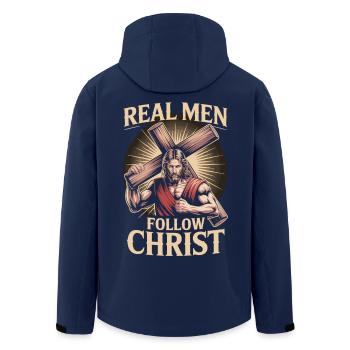 Christliches Männer T-Shirt – Stärke durch Glauben - Recycelte Männer Softshell-Jacke von Stanley/Stella - Navy - Hinten - AI Model Male 185 light (185cm)