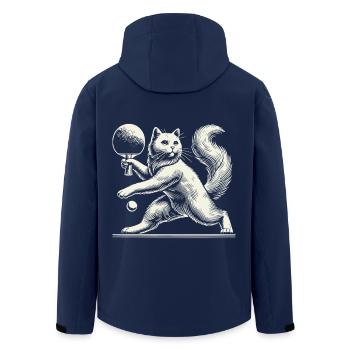 Cute cat playing table tennis with charm - Men’s Recycled Softshell Jacket by Stanley/Stella - navy - Back - AI Model Male 185 light (185cm)