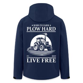 Cool Tractor, Born to Farm, Plow Hard, Live Free - Men’s Recycled Softshell Jacket by Stanley/Stella - navy - Back - AI Model Male 185 light (185cm)
