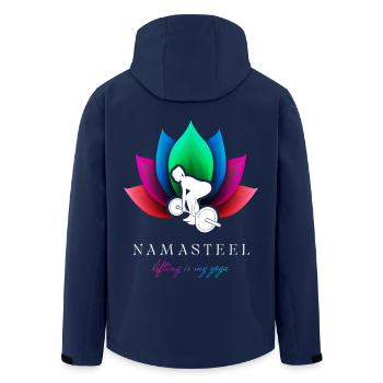 NAMASTEEL : L’haltérophilie, c’est mon yoga ! - Veste softshell homme en polyester recyclé Stanley/Stella - marine - Dos - AI Model Male 185 light (185cm)