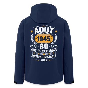 Vintage août 1945 Cadeau Anniversaire 80 Ans - Veste softshell homme en polyester recyclé Stanley/Stella - marine - Dos - AI Model Male 185 light (185cm)