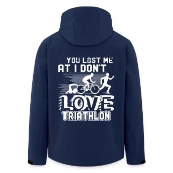Triathlon Lost Me At I Don't Love Triathlon - Men’s Recycled Softshell Jacket by Stanley/Stella - navy - Back - AI Model Male 185 light (185cm)