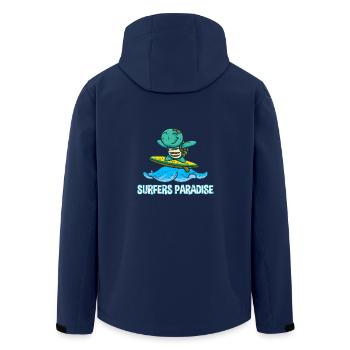 Cute kawaii turtle on surfboard with surfers - Men’s Recycled Softshell Jacket by Stanley/Stella - navy - Back - AI Model Male 185 light (185cm)