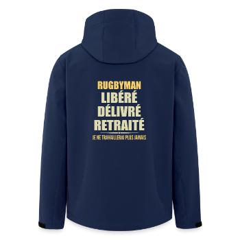 Rugby player celebrates his retirement with humor gift - Men’s Recycled Softshell Jacket by Stanley/Stella - navy - Back - AI Model Male 185 light (185cm)