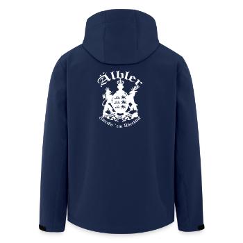 ÄLBLER ZWECKS ´EM ÜBERBLICK - WHITE FONT - Recycelte Männer Softshell-Jacke von Stanley/Stella - Navy - Hinten - AI Model Male 185 light (185cm)