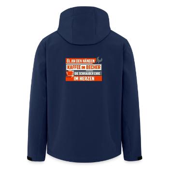 Öl an den Händen, Kaffee im Becher - Recycelte Männer Softshell-Jacke von Stanley/Stella - Navy - Hinten - AI Model Male 185 light (185cm)