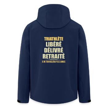 Triathlete celebrates retirement with humor gift - Men’s Recycled Softshell Jacket by Stanley/Stella - navy - Back - AI Model Male 185 light (185cm)