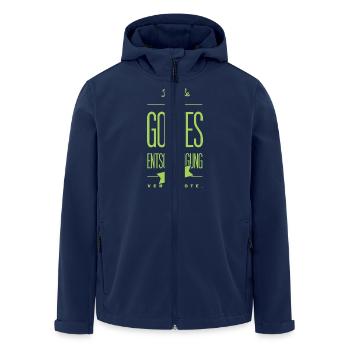 Spruch: Gottes Entschuldigung - Recycelte Männer Softshell-Jacke von Stanley/Stella - Navy - Vorne - AI Model Male 185 light (185cm)