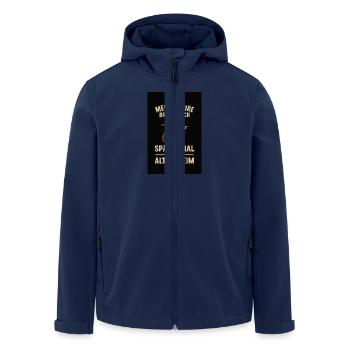 „Meine Satire bringt mich später mal " - Recycelte Männer Softshell-Jacke von Stanley/Stella - Navy - Vorne - AI Model Male 185 light (185cm)