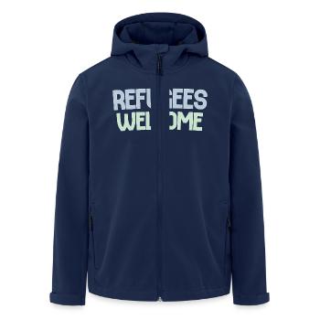 Refugees welcome retro - Men’s Recycled Softshell Jacket by Stanley/Stella - navy - Front - AI Model Male 185 light (185cm)