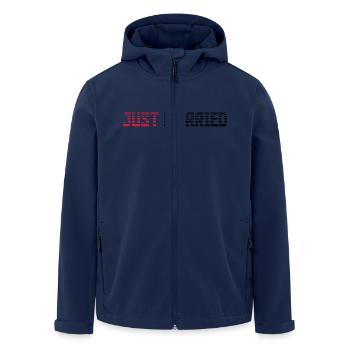 Just Married Text Logo Design - Men’s Recycled Softshell Jacket by Stanley/Stella - navy - Front - AI Model Male 185 light (185cm)