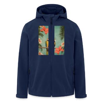 Two parrots on a branch with hibiscus flowers - Men’s Recycled Softshell Jacket by Stanley/Stella - navy - Front - AI Model Male 185 light (185cm)