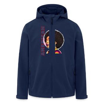 Schwarze Frau mit Schriftzug American - Recycelte Männer Softshell-Jacke von Stanley/Stella - Navy - Vorne - AI Model Male 185 light (185cm)