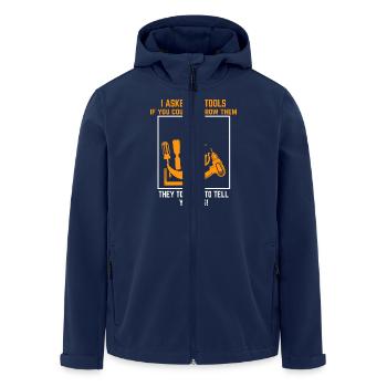 Tools say no to borrowing funny saying - Men’s Recycled Softshell Jacket by Stanley/Stella - navy - Front - AI Model Male 185 light (185cm)