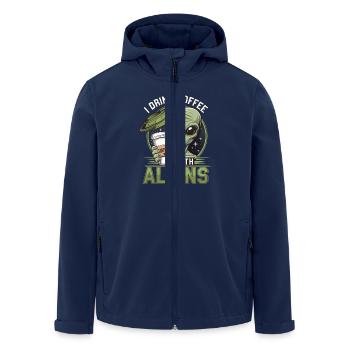 Witziges Ich trinke Kaffee mit Aliens - Recycelte Männer Softshell-Jacke von Stanley/Stella - Navy - Vorne - AI Model Male 185 light (185cm)